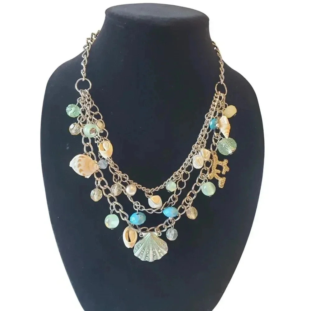 Triple Strand‎ Shell Crystal Bead Bib NecklaceTeal Blues Spring Summer Classic